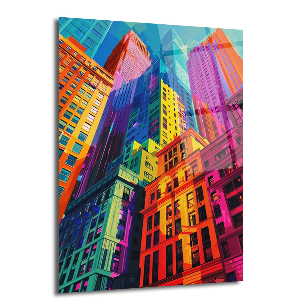 Parlak ve canlı renklere sahip, yukarı doğru uzanan gökdelenlerin stilize edilmiş, pop art tarzı bir çizimi. Mavi, mor, turuncu, sarı ve pembe tonlarında binalar dinamik bir şehir silüeti oluşturuyor.