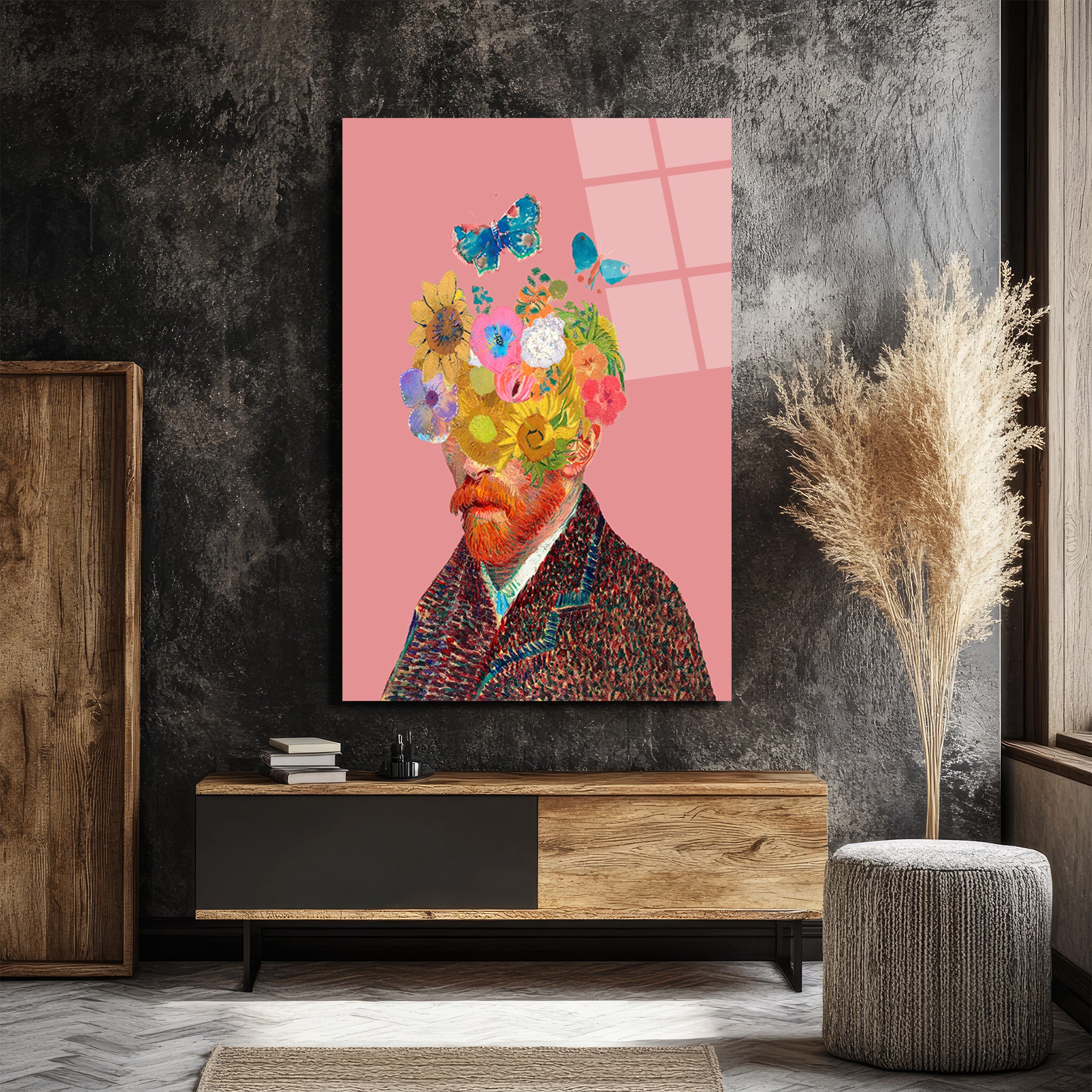 Van Gogh Çiçek Başlı Hayalperest Cam Tablo