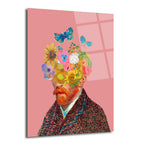 Pembe arka planda, başı rengarenk çiçeklerden ve etrafında uçuşan kelebeklerden oluşan, Van Gogh tarzı sakallı bir figürün sanatsal cam tablosu.