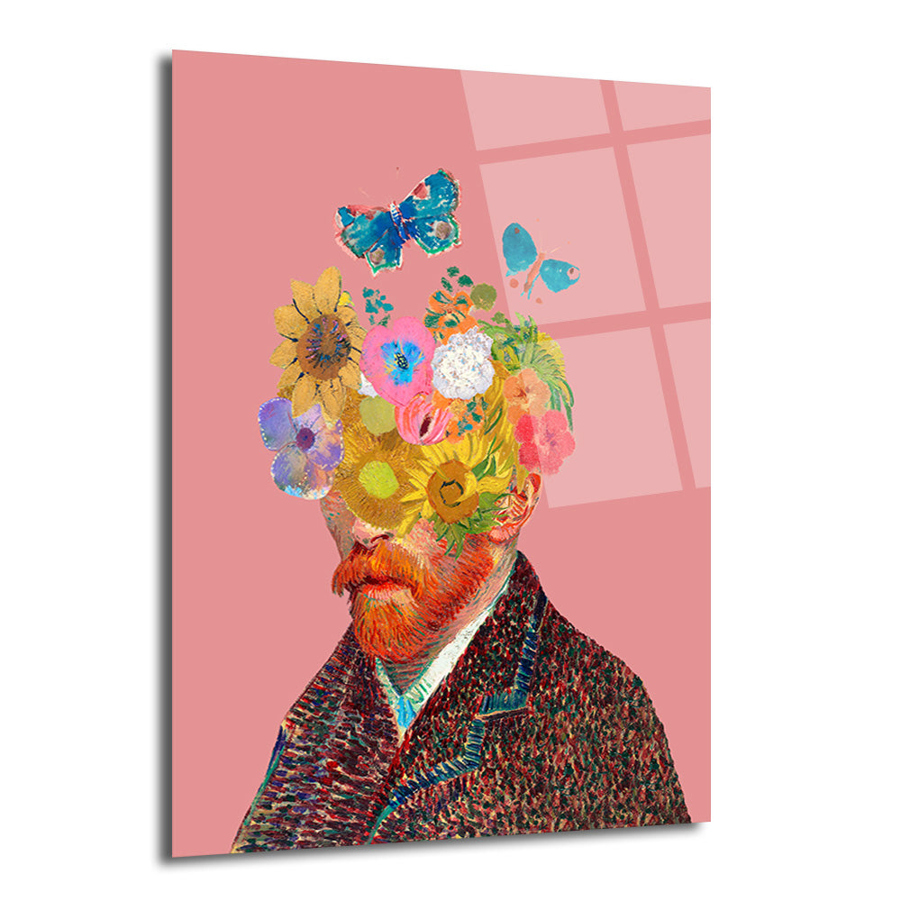 Pembe arka planda, başı rengarenk çiçeklerden ve etrafında uçuşan kelebeklerden oluşan, Van Gogh tarzı sakallı bir figürün sanatsal cam tablosu.