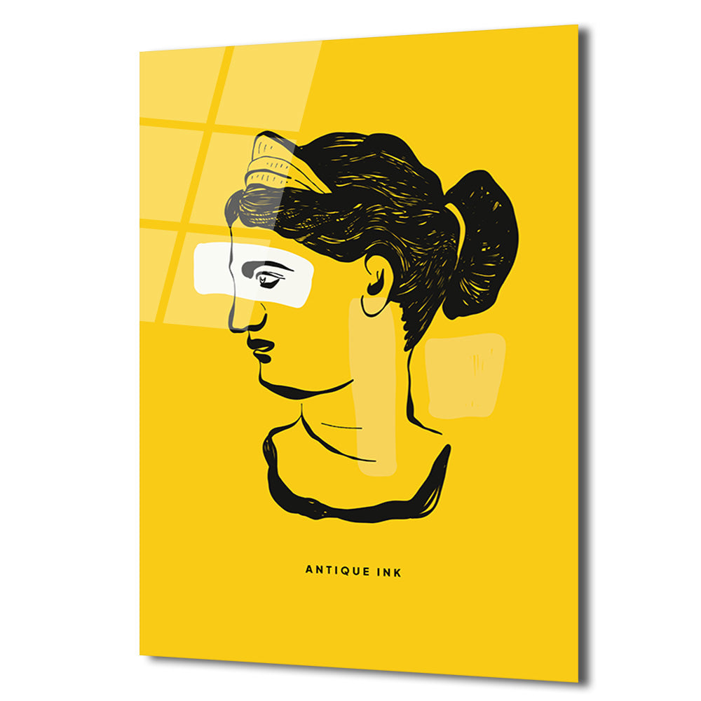 Antik İlham Sarı Minimalist Cam Tablo | Modern Sanat Duvar Dekorasyonu
