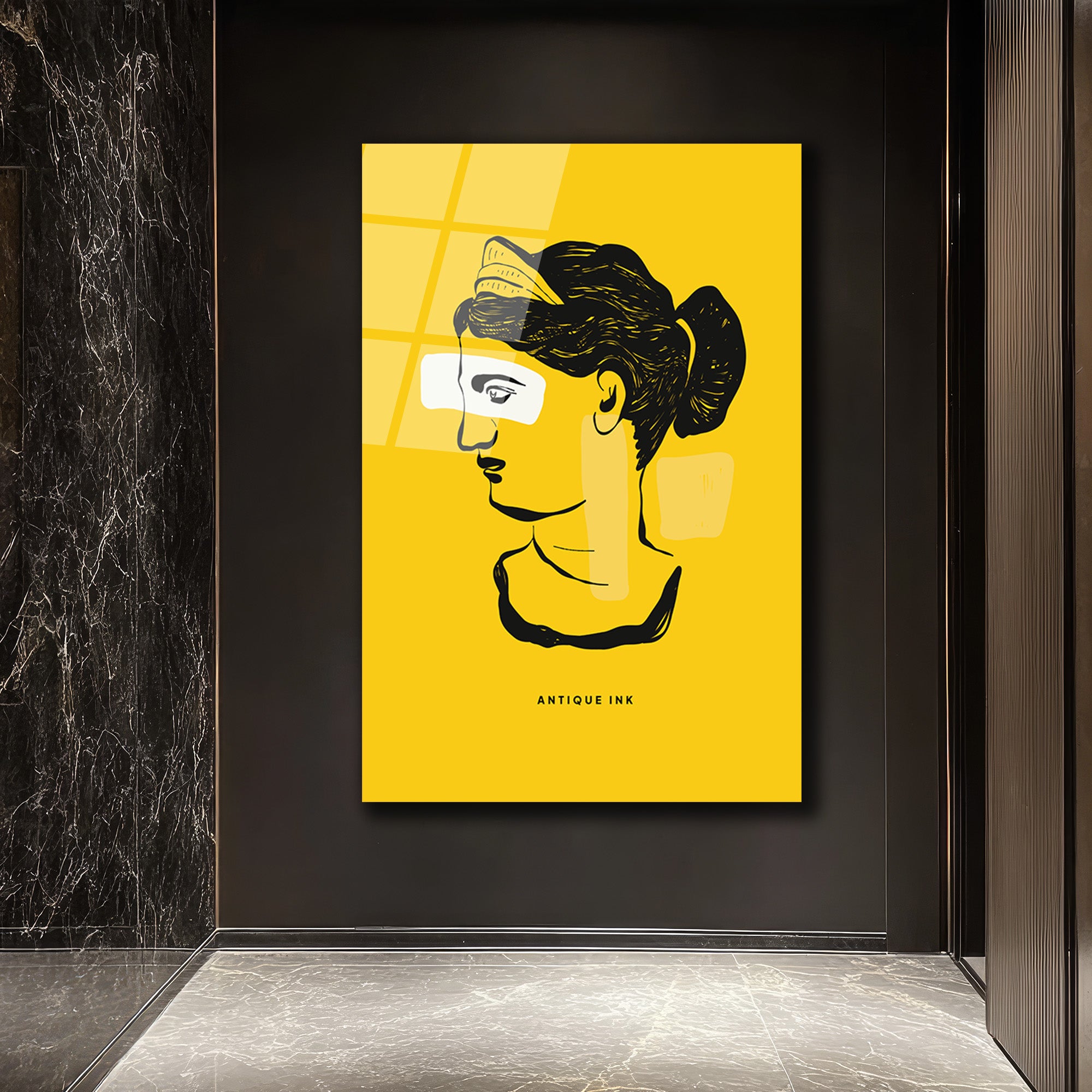 Antik İlham Sarı Minimalist Cam Tablo | Modern Sanat Duvar Dekorasyonu