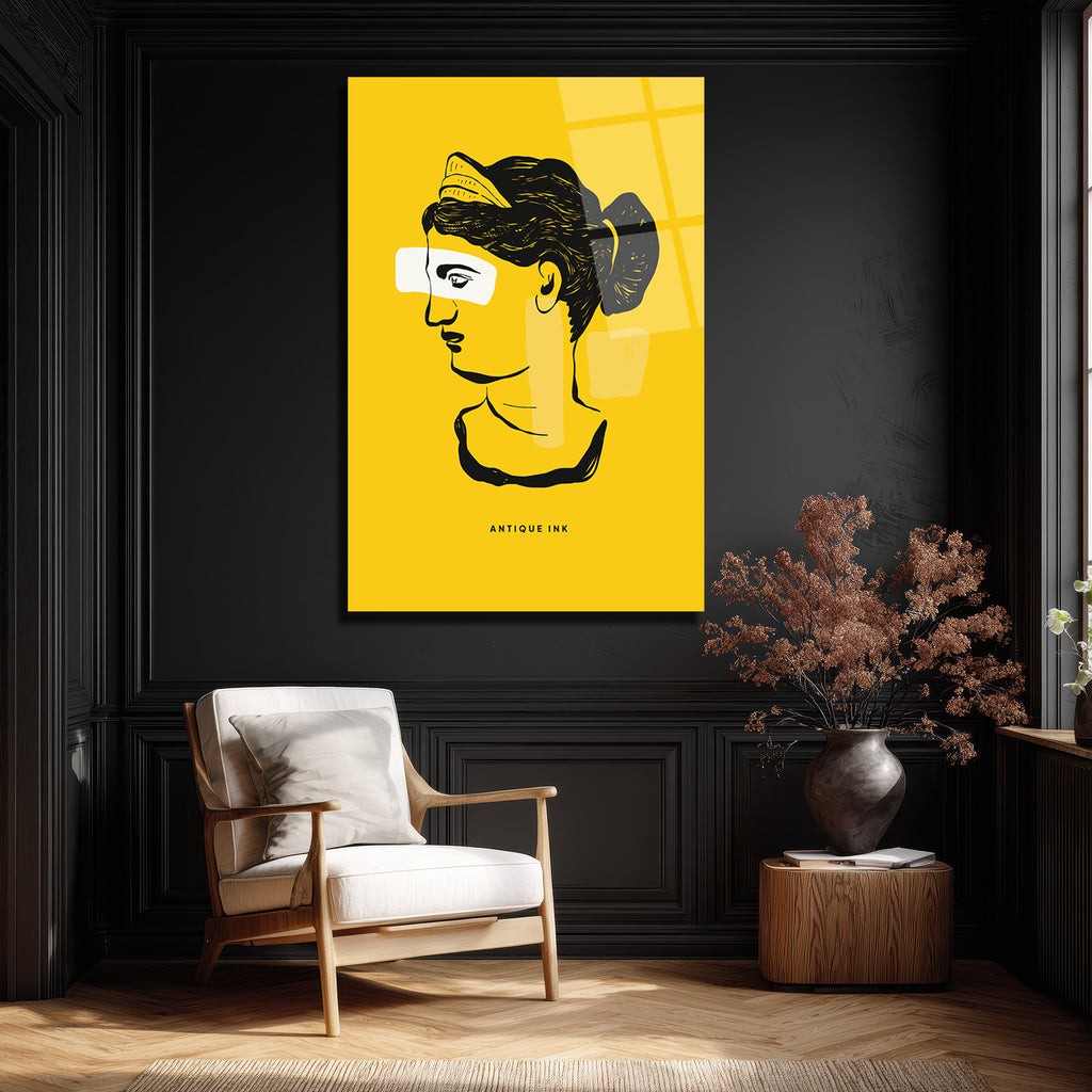 Antik İlham Sarı Minimalist Cam Tablo | Modern Sanat Duvar Dekorasyonu