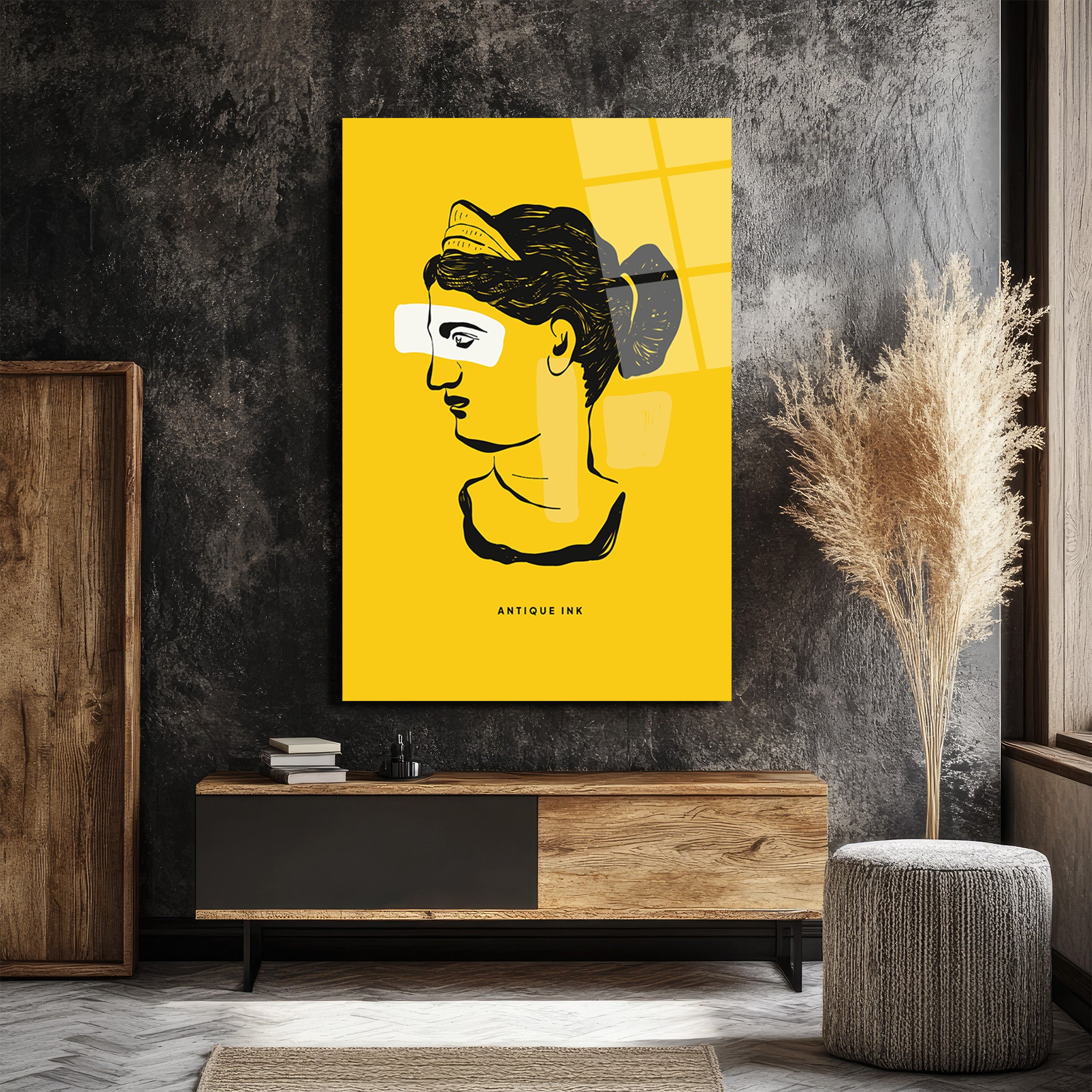 Antik İlham Sarı Minimalist Cam Tablo | Modern Sanat Duvar Dekorasyonu