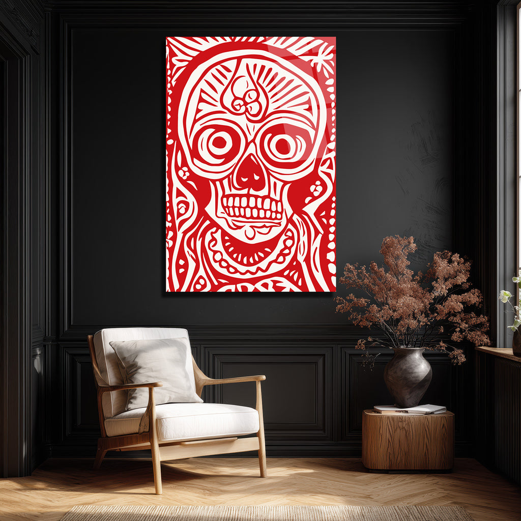 Kırmızı Beyaz Kurukafa Sanat Cam Tablo - Modern Duvar Dekoru
