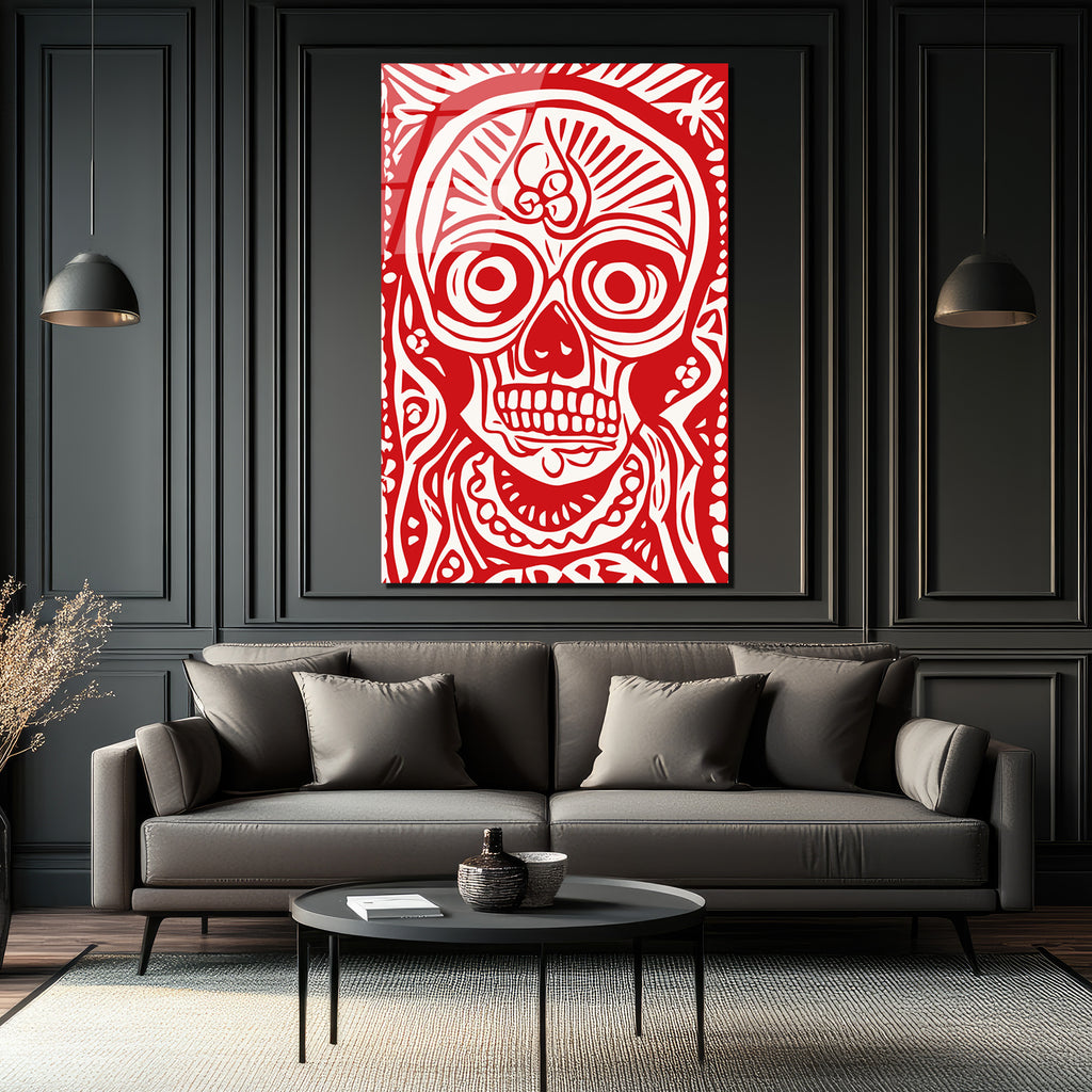 Kırmızı Beyaz Kurukafa Sanat Cam Tablo - Modern Duvar Dekoru