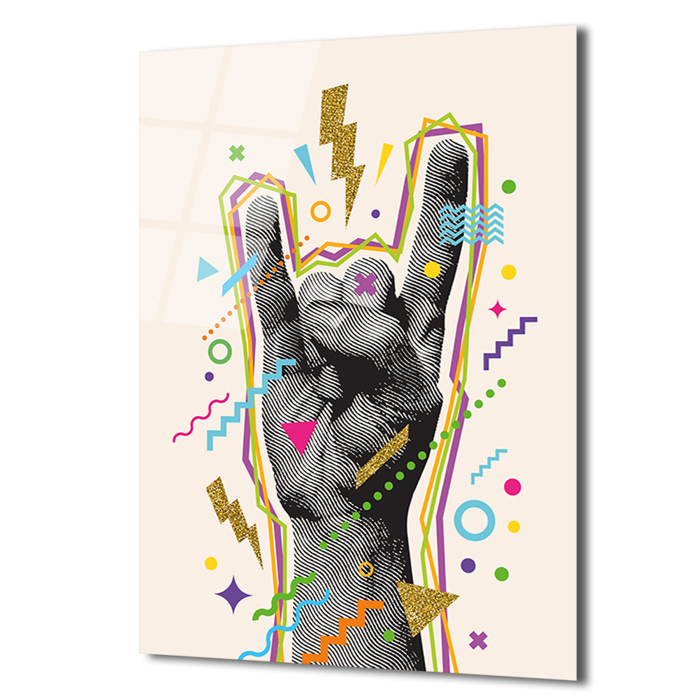 Enerjik Rock On El Hareketi Cam Tablo | Retro Pop Art Duvar Dekoru