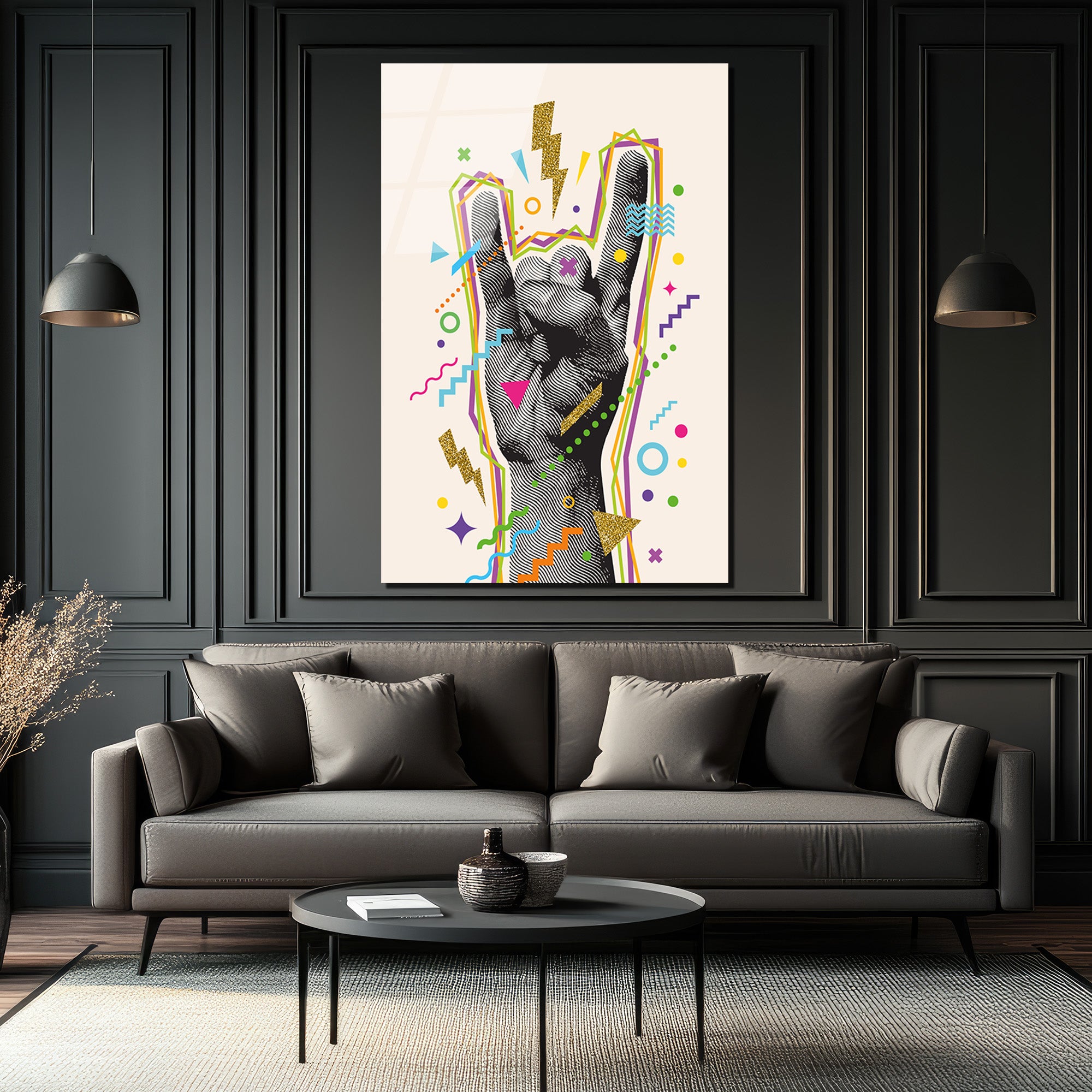 Enerjik Rock On El Hareketi Cam Tablo | Retro Pop Art Duvar Dekoru