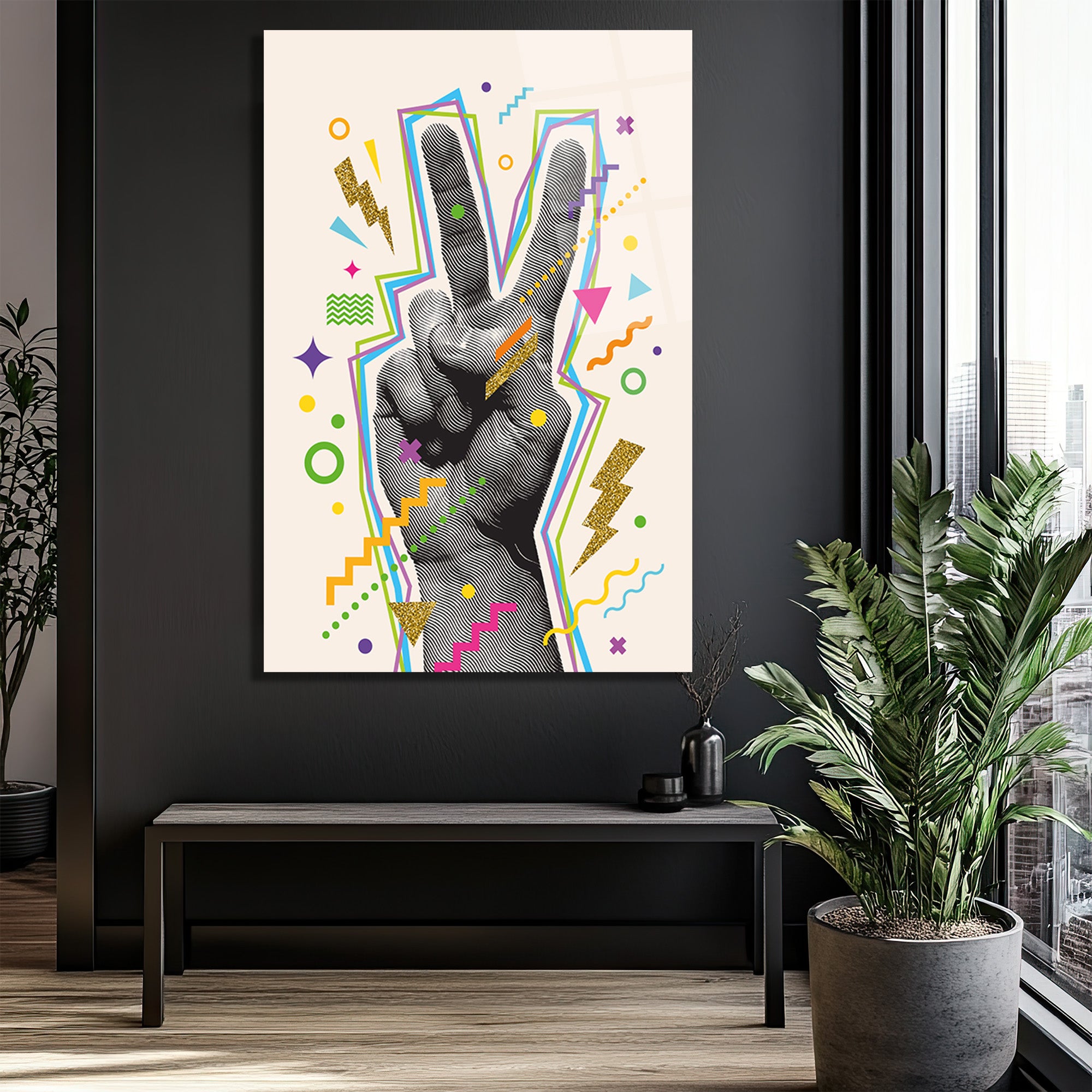 Pop Art Barış İşareti Neon Renkler Cam Tablo