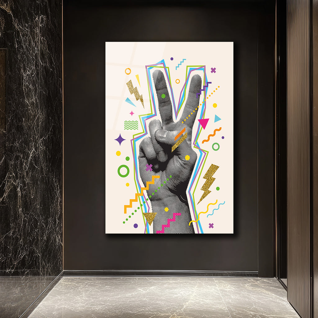 Pop Art Barış İşareti Neon Renkler Cam Tablo