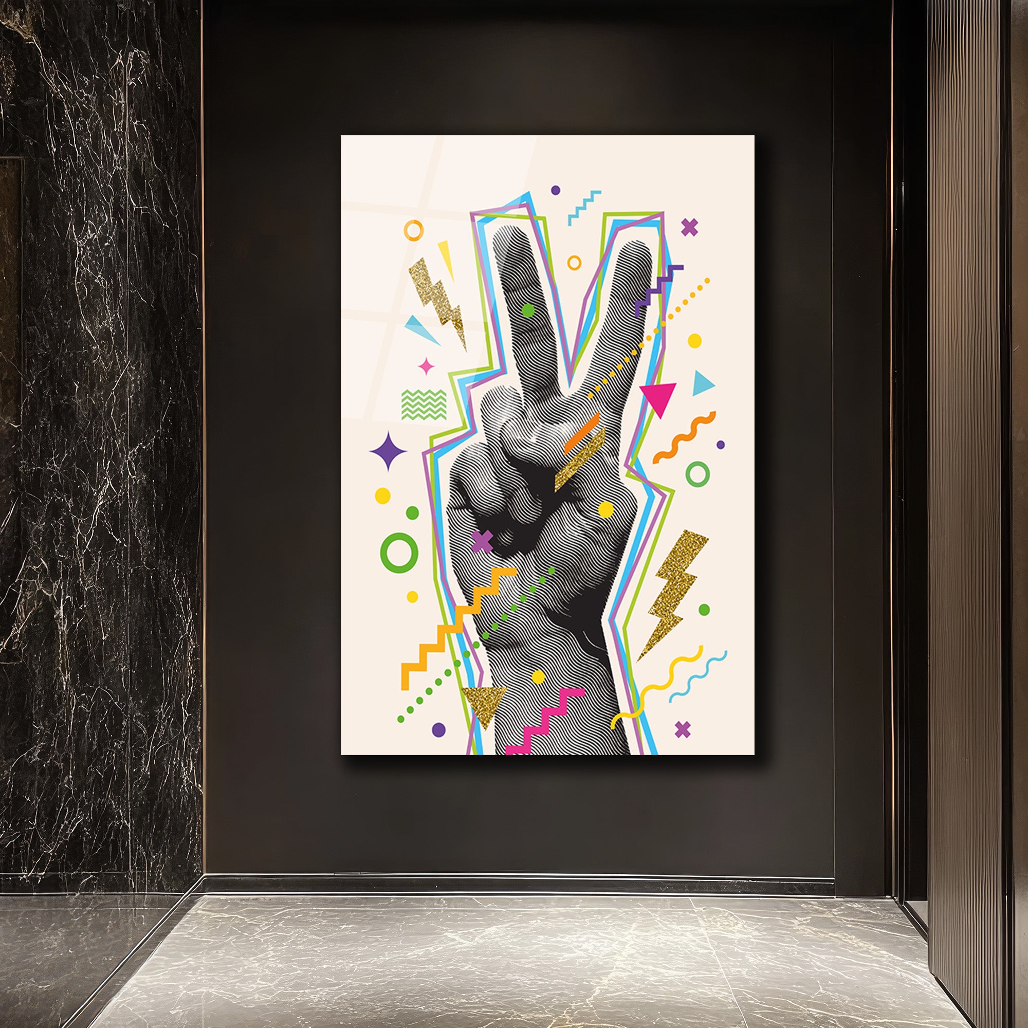 Pop Art Barış İşareti Neon Renkler Cam Tablo