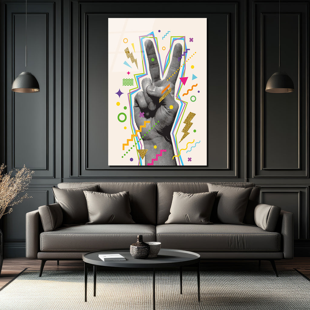 Pop Art Barış İşareti Neon Renkler Cam Tablo