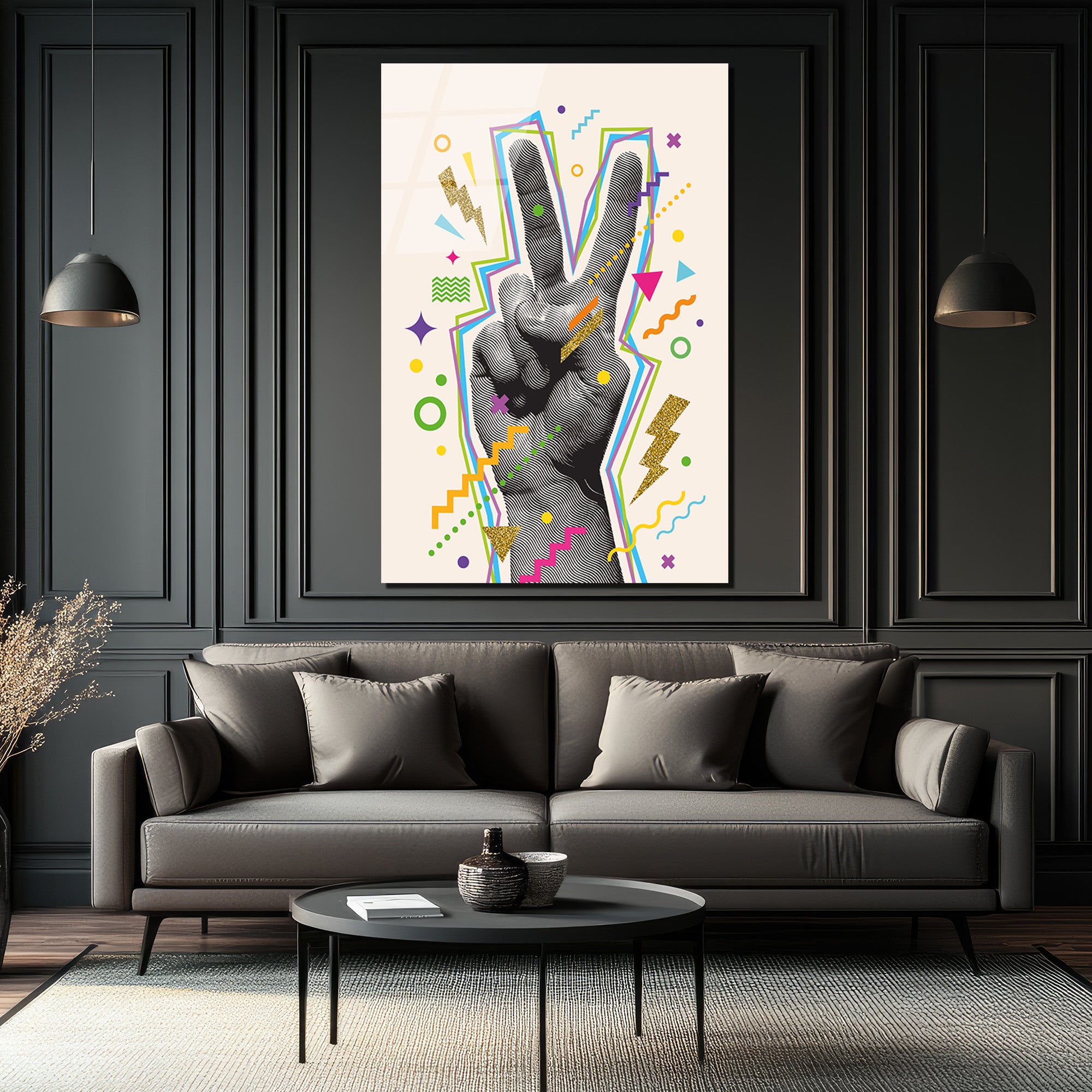 Pop Art Barış İşareti Neon Renkler Cam Tablo