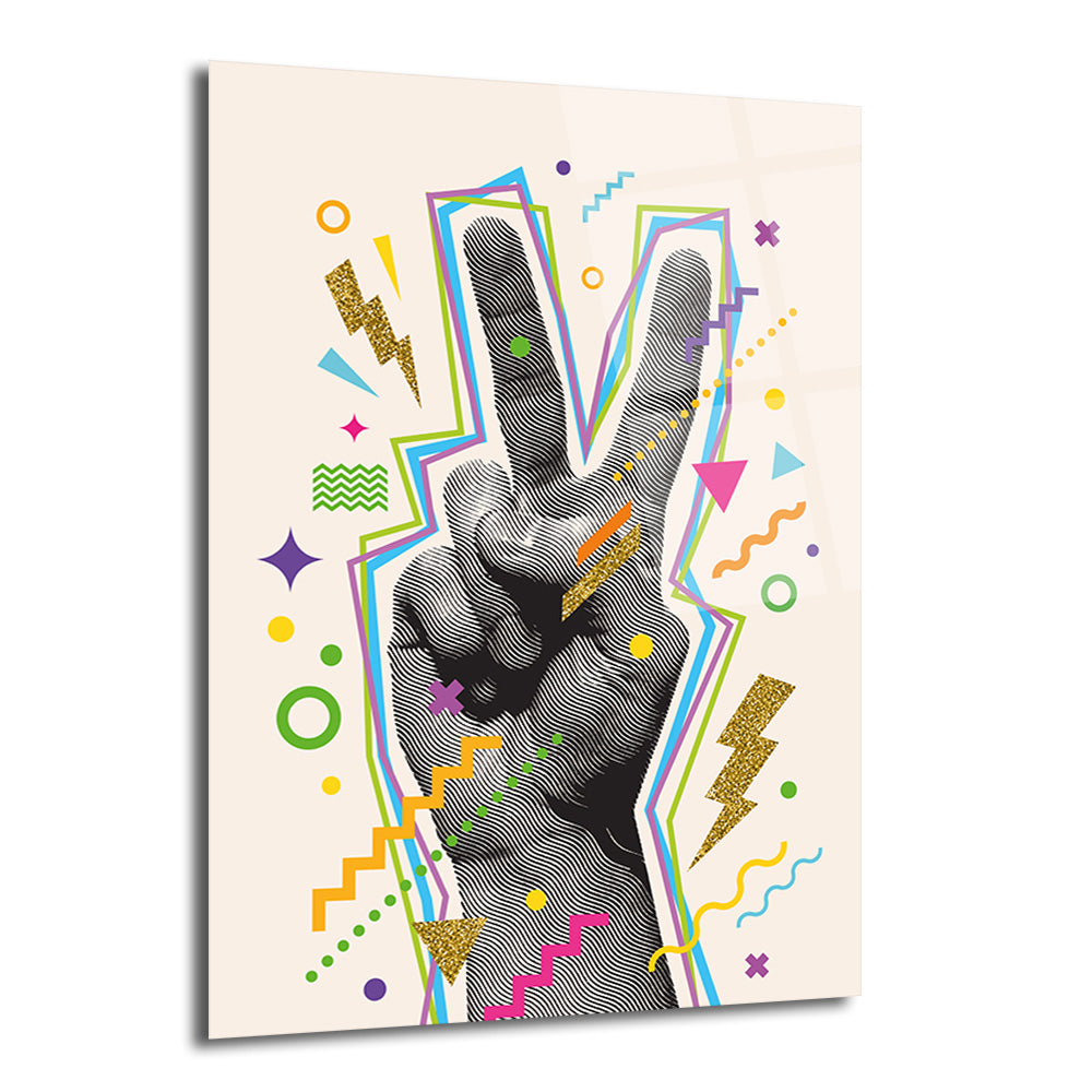 Retro pop art tarzında, neon renkli geometrik şekiller, simli şimşekler ve çizgisel detaylarla çevrili, siyah-beyaz bir elin barış işareti yaptığı modern cam tablo.