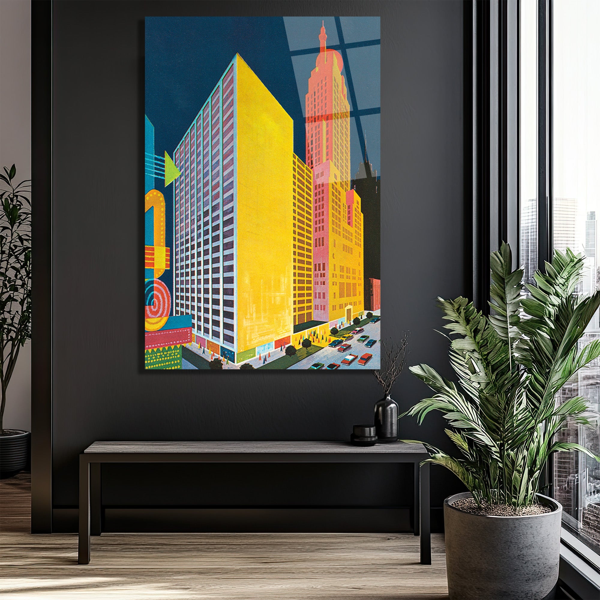 Retro Şehir Manzarası Cam Tablo - Canlı Renklerle Modern Sanat