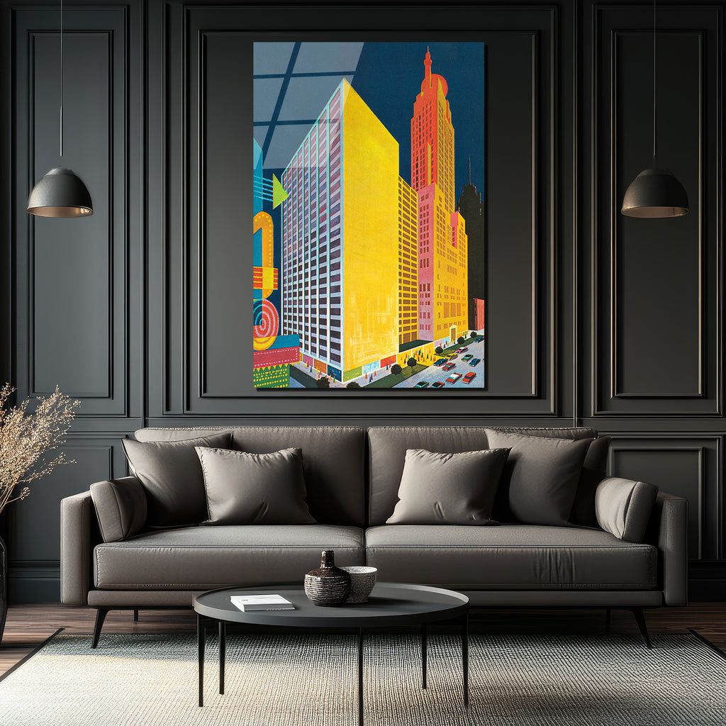 Retro Şehir Manzarası Cam Tablo - Canlı Renklerle Modern Sanat