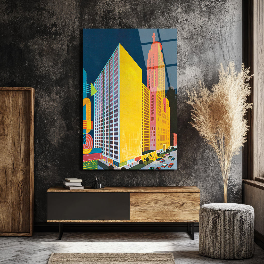 Retro Şehir Manzarası Cam Tablo - Canlı Renklerle Modern Sanat