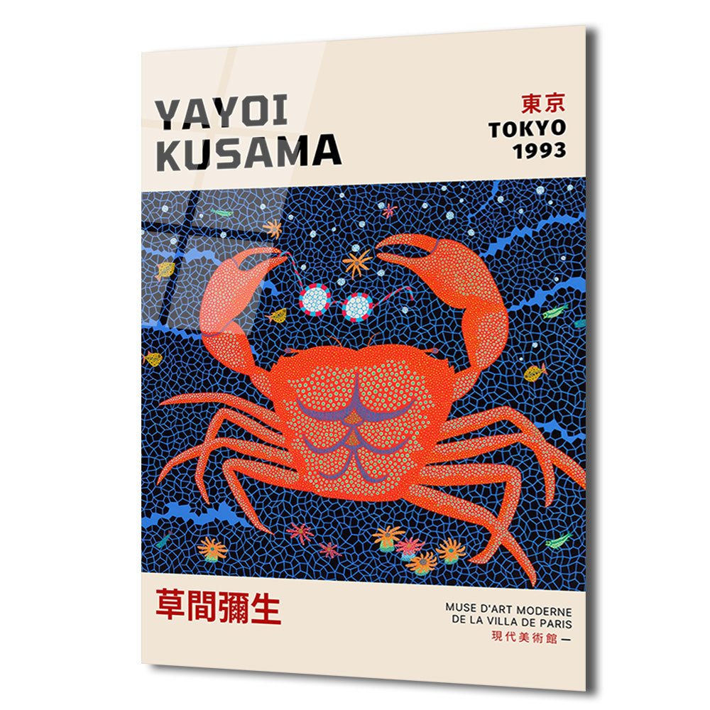 Yayoi Kusama Tarzı Kırmızı Yengeç Motifli Modern Cam Tablo