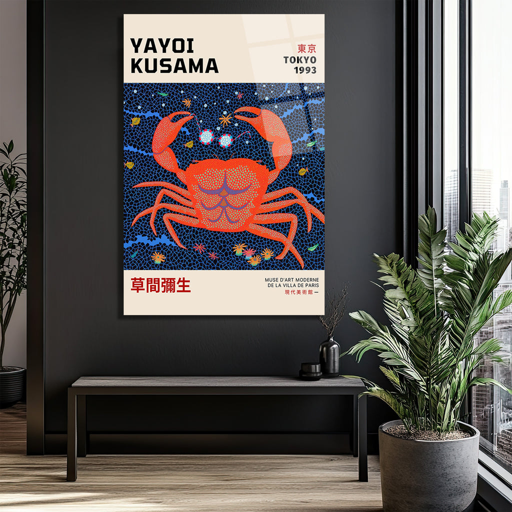Yayoi Kusama Tarzı Kırmızı Yengeç Motifli Modern Cam Tablo