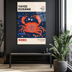 Yayoi Kusama Tarzı Kırmızı Yengeç Motifli Modern Cam Tablo