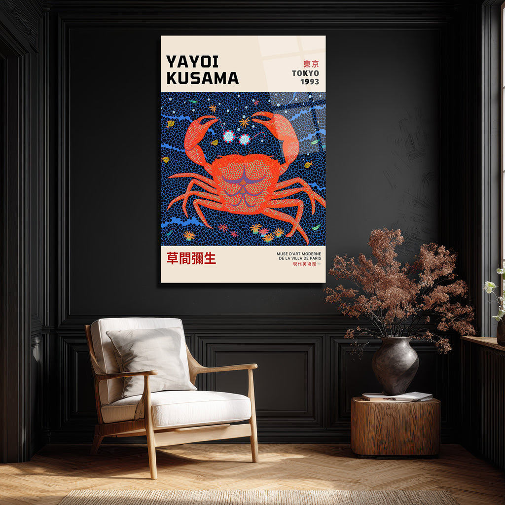 Yayoi Kusama Tarzı Kırmızı Yengeç Motifli Modern Cam Tablo