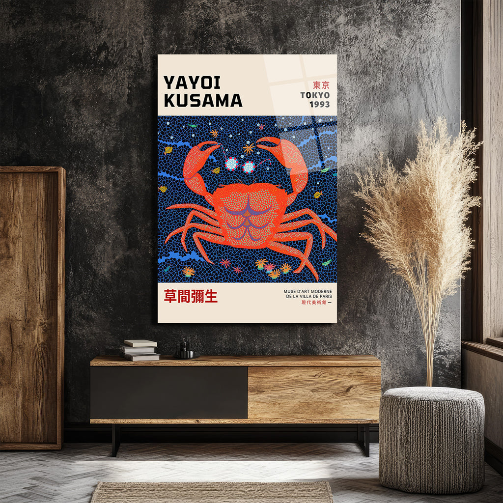 Yayoi Kusama Tarzı Kırmızı Yengeç Motifli Modern Cam Tablo