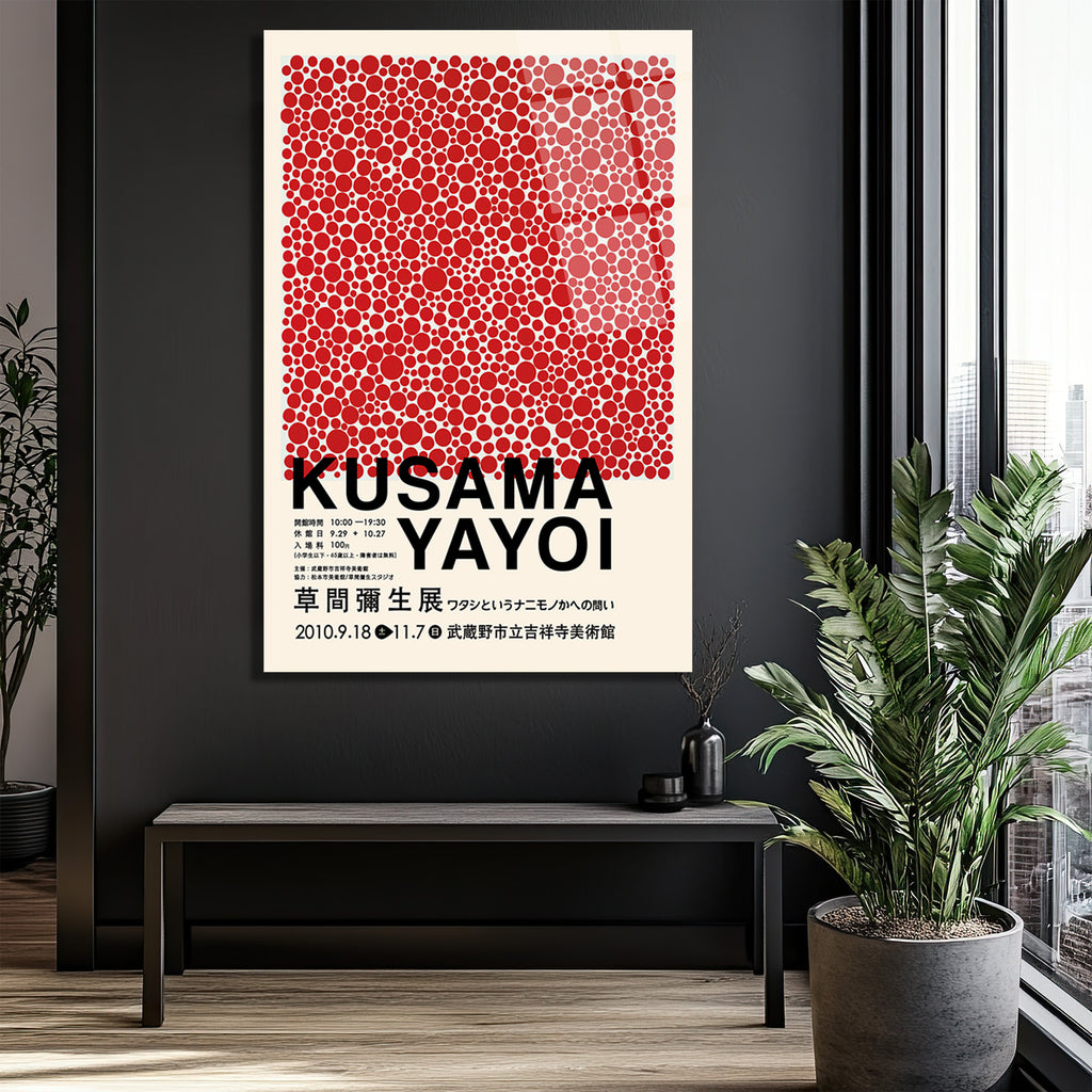 Kusama Tarzı Kırmızı Benekler Modern Cam Tablo
