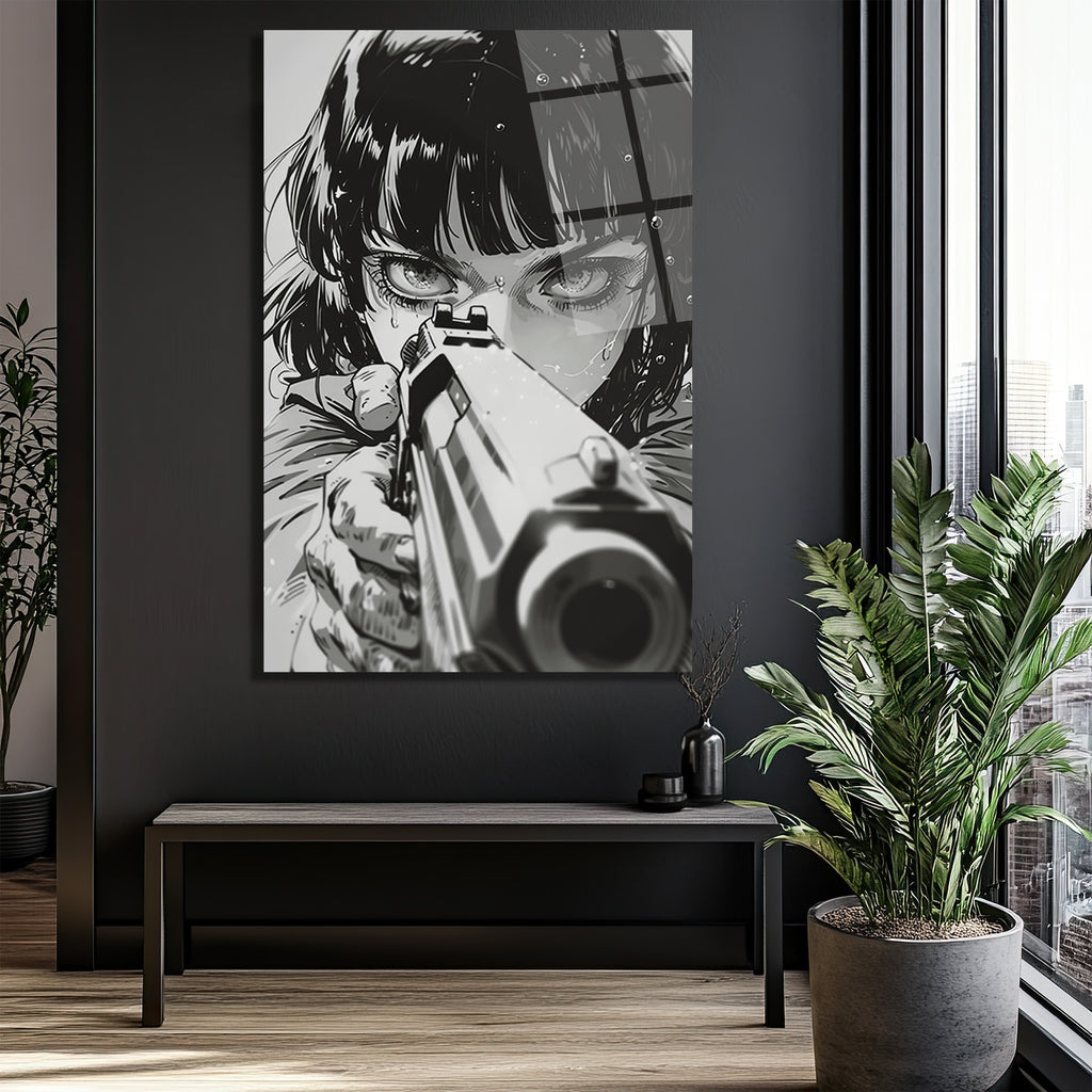 Odaklanmış Bakışlar: Siyah Beyaz Anime Sanatı Cam Tablo