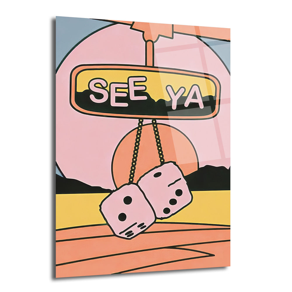 Pembe zarların ve 'SEE YA' yazısının bulunduğu, gün batımı temalı, pop art tarzında renkli cam tablo. Arka planda turuncu bir güneş ve mavi gökyüzü görülür.