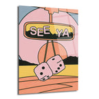 Pembe zarların ve 'SEE YA' yazısının bulunduğu, gün batımı temalı, pop art tarzında renkli cam tablo. Arka planda turuncu bir güneş ve mavi gökyüzü görülür.