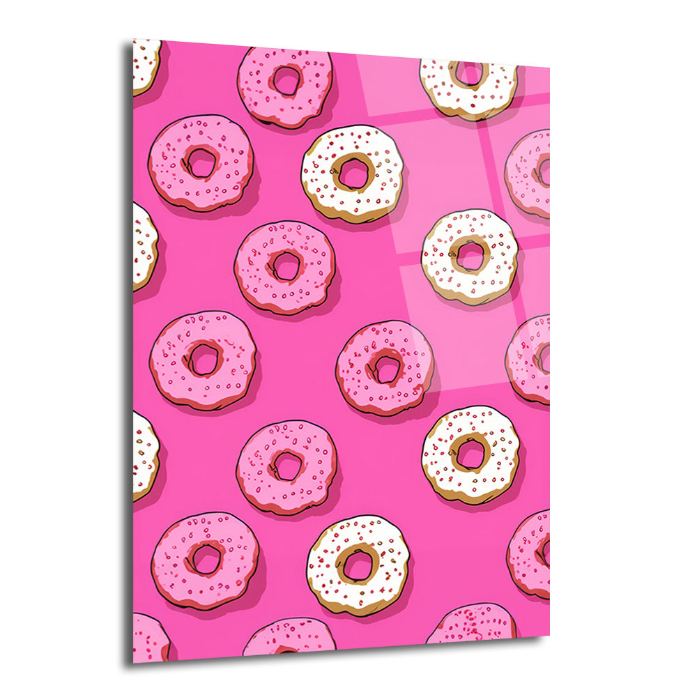 Canlı pembe zemin üzerinde pembe ve beyaz renkli, serpiştirilmiş şekerli donut desenlerinin tekrarlandığı, modern ve neşeli bir cam tablo görseli.