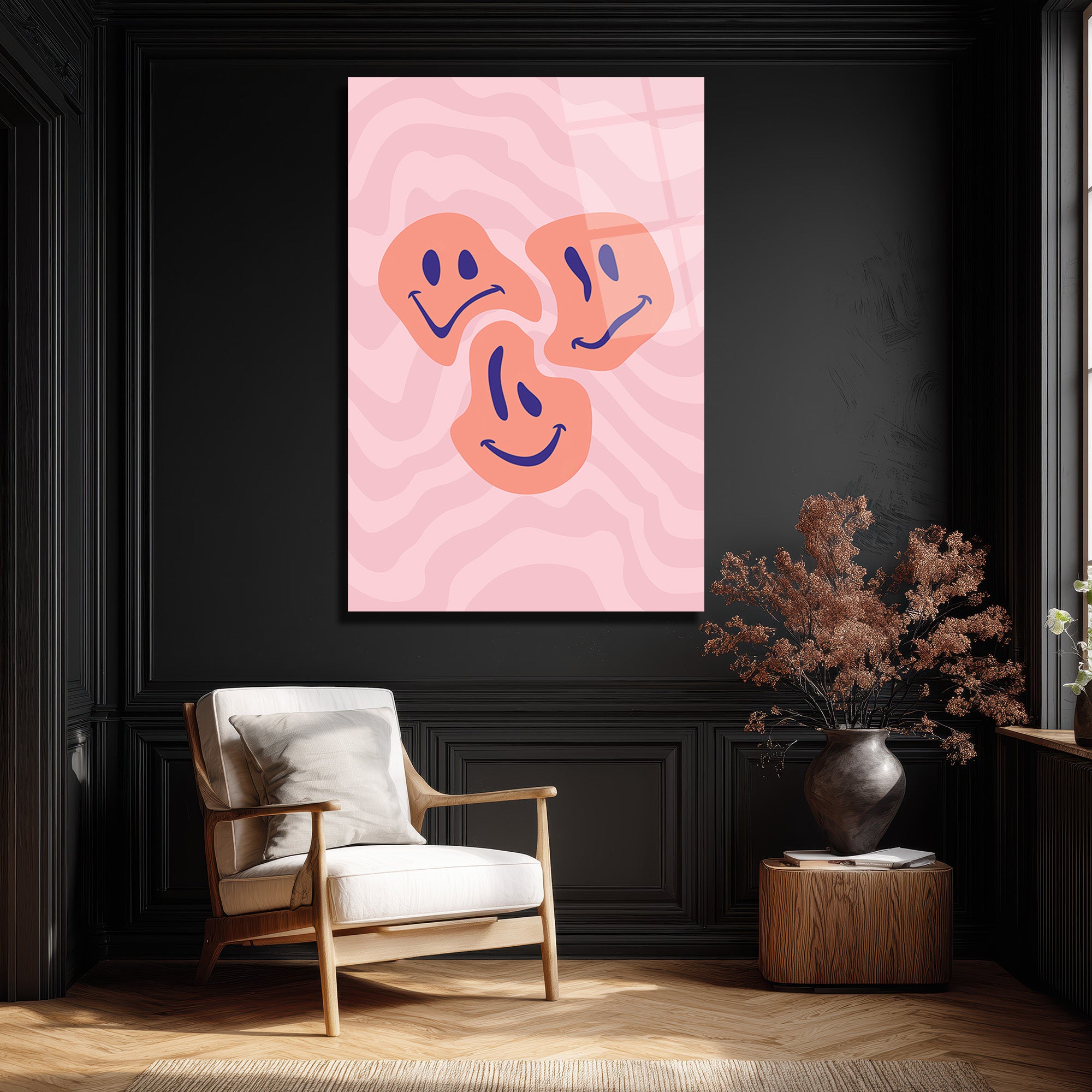 Neşeli Yüzler Pembe Dalgalı Modern Cam Tablo