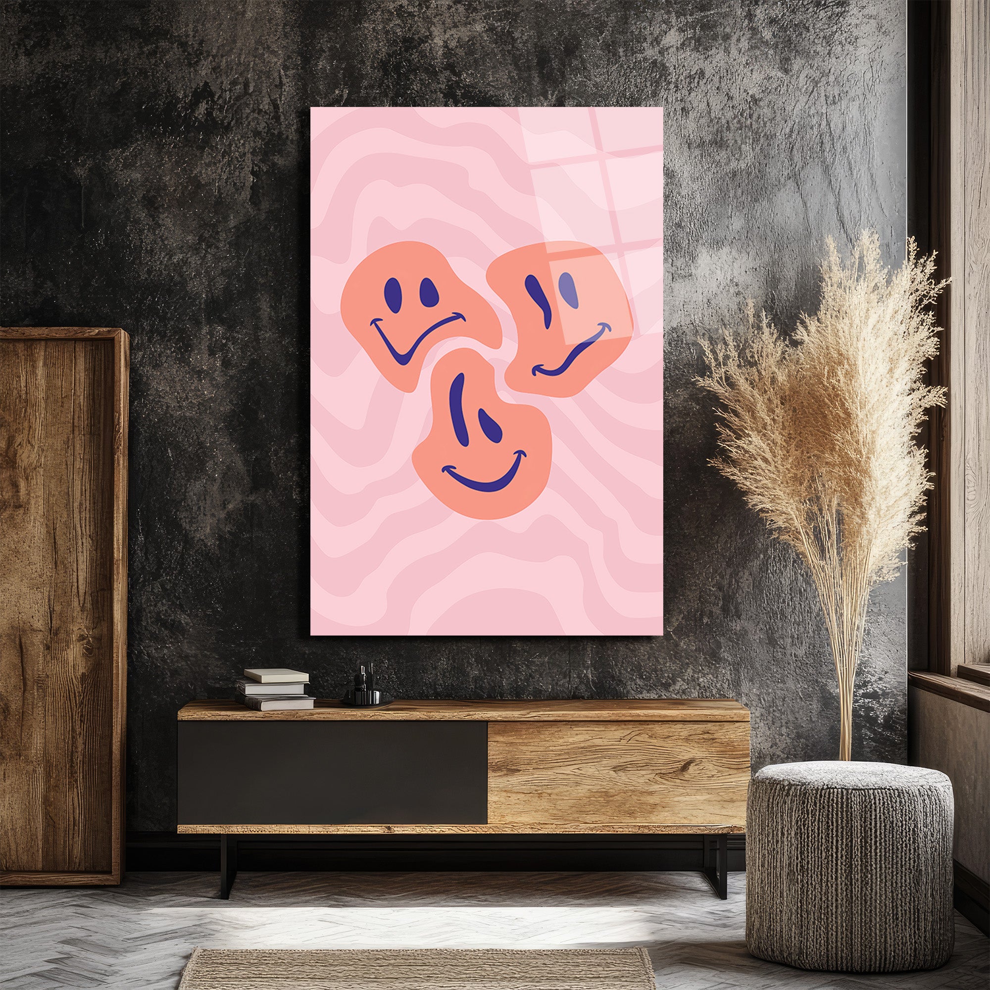 Neşeli Yüzler Pembe Dalgalı Modern Cam Tablo