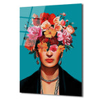 Canlı Çiçeklerle Frida Esintili Modern Portre Cam Tablo