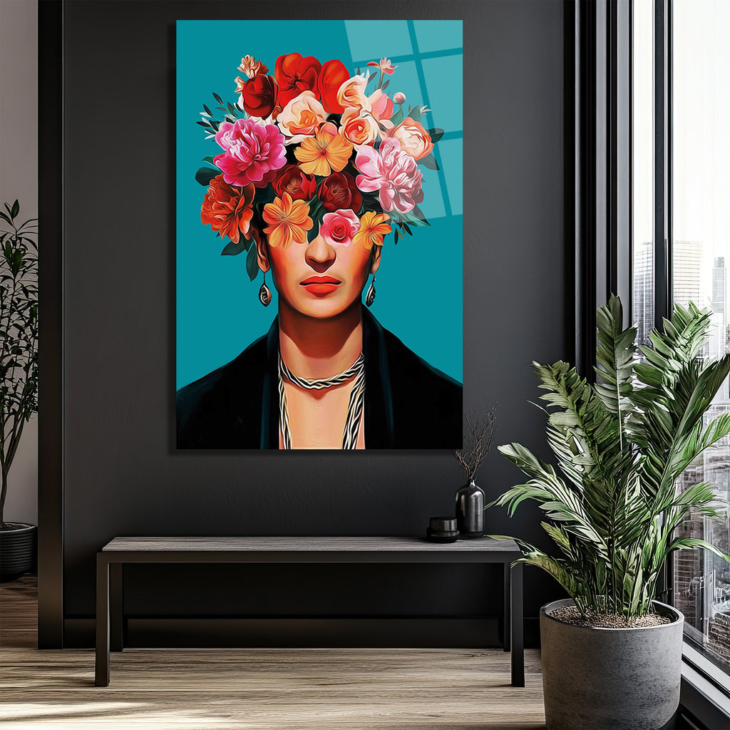 Canlı Çiçeklerle Frida Esintili Modern Portre Cam Tablo