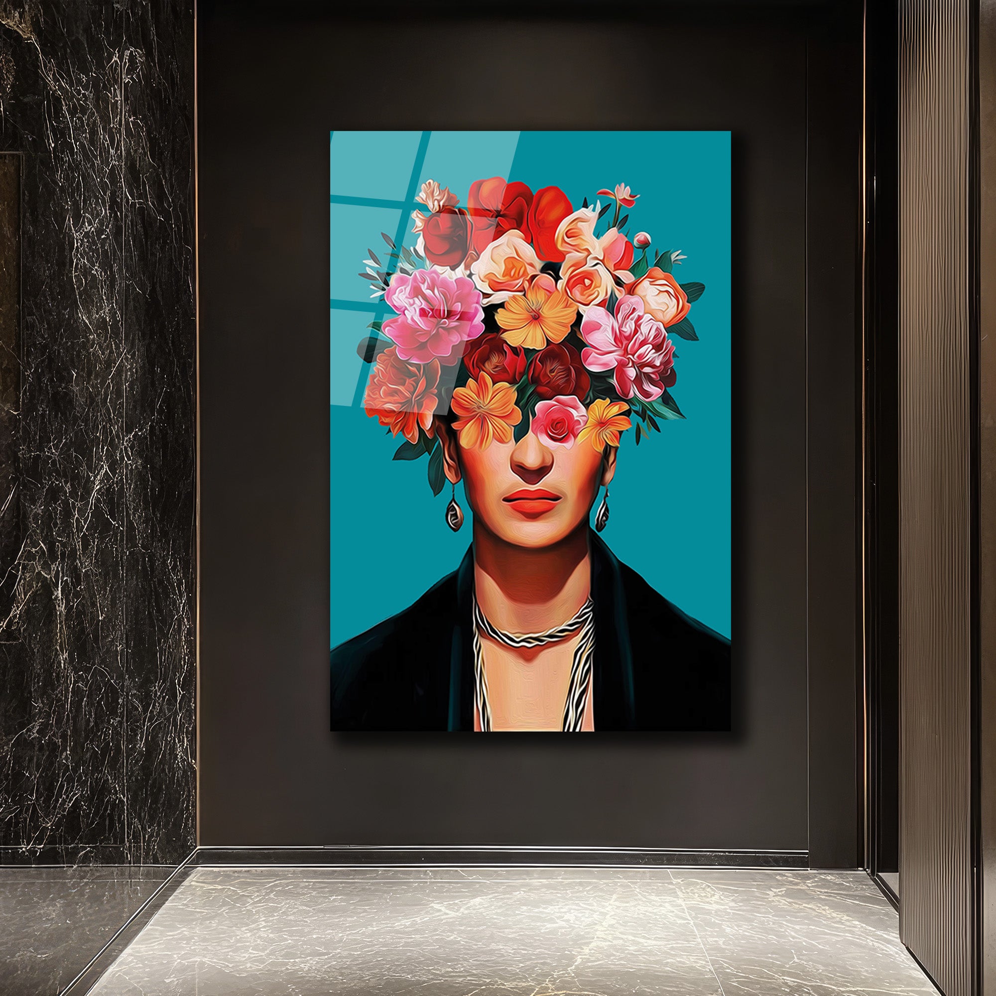Canlı Çiçeklerle Frida Esintili Modern Portre Cam Tablo