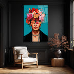 Canlı Çiçeklerle Frida Esintili Modern Portre Cam Tablo