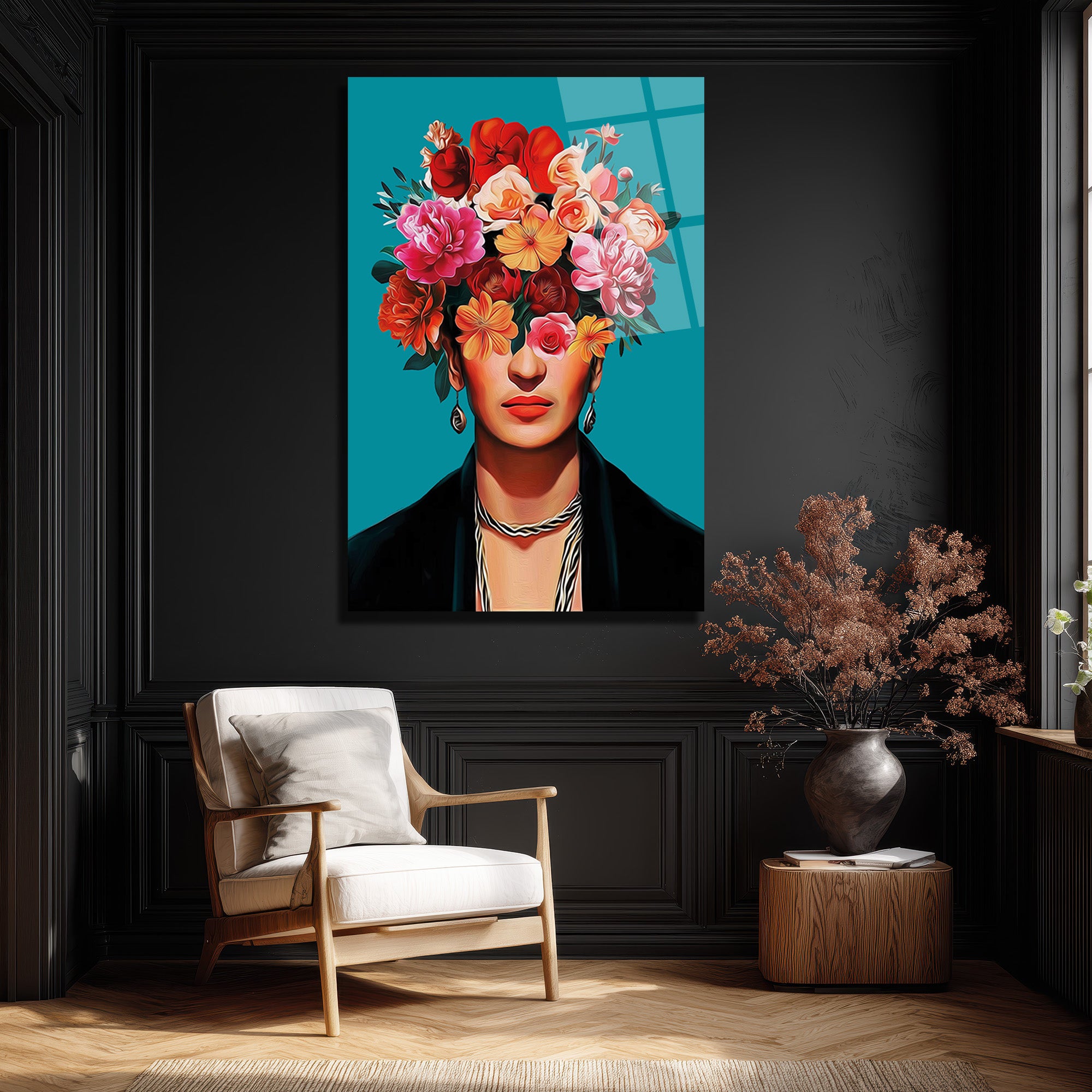 Canlı Çiçeklerle Frida Esintili Modern Portre Cam Tablo