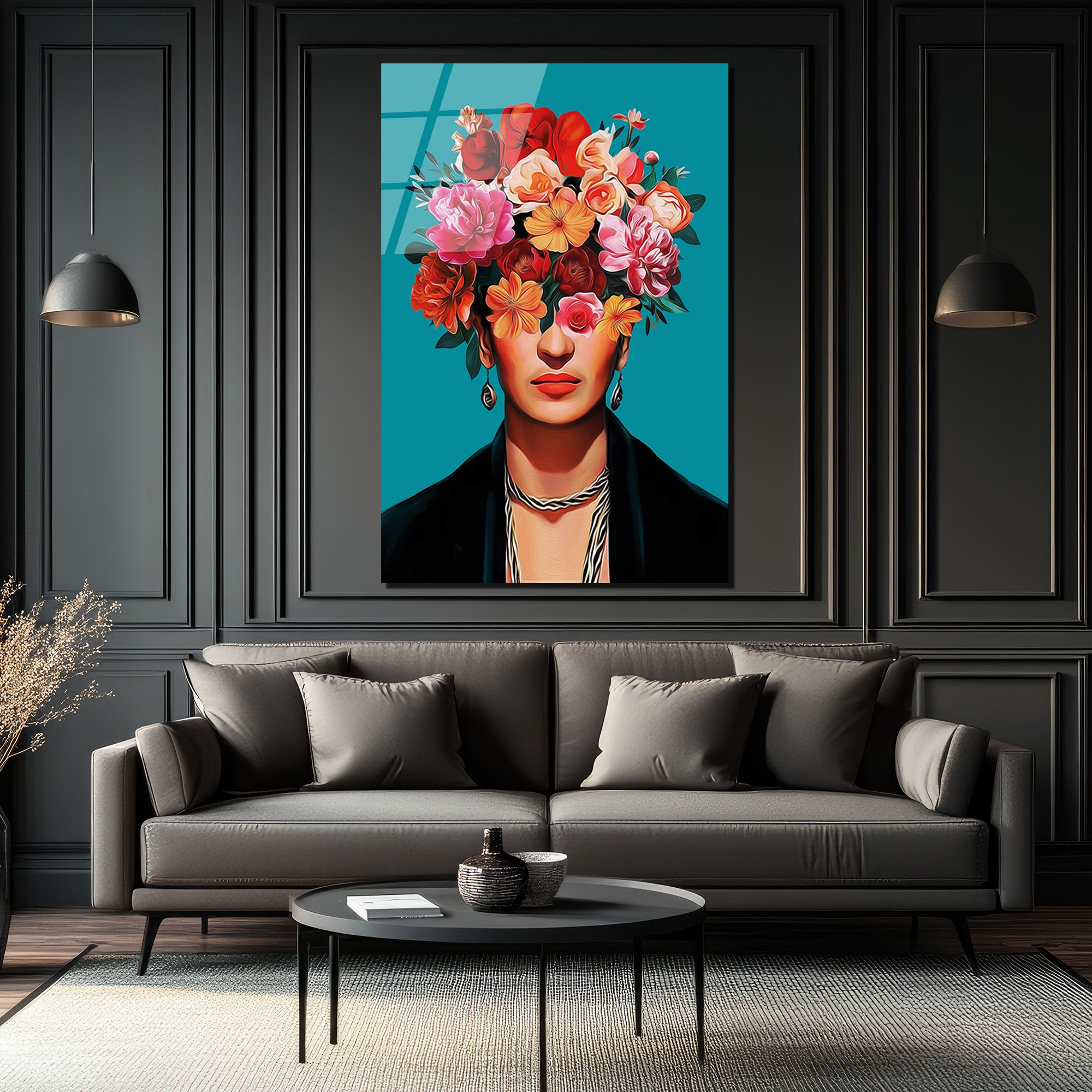 Canlı Çiçeklerle Frida Esintili Modern Portre Cam Tablo