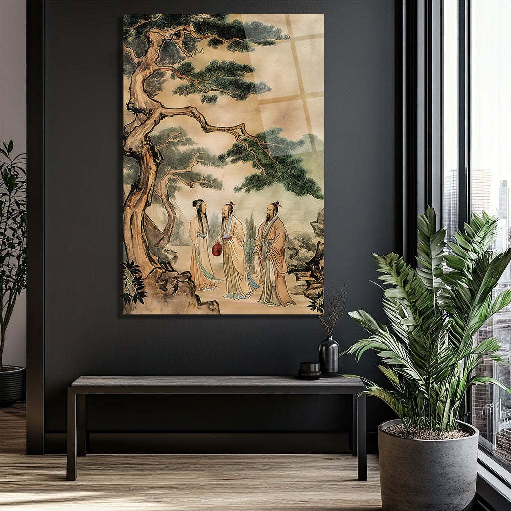 Uzak Doğu Bilgeleri Çam Ağacı Altında Sanat Cam Tablo
