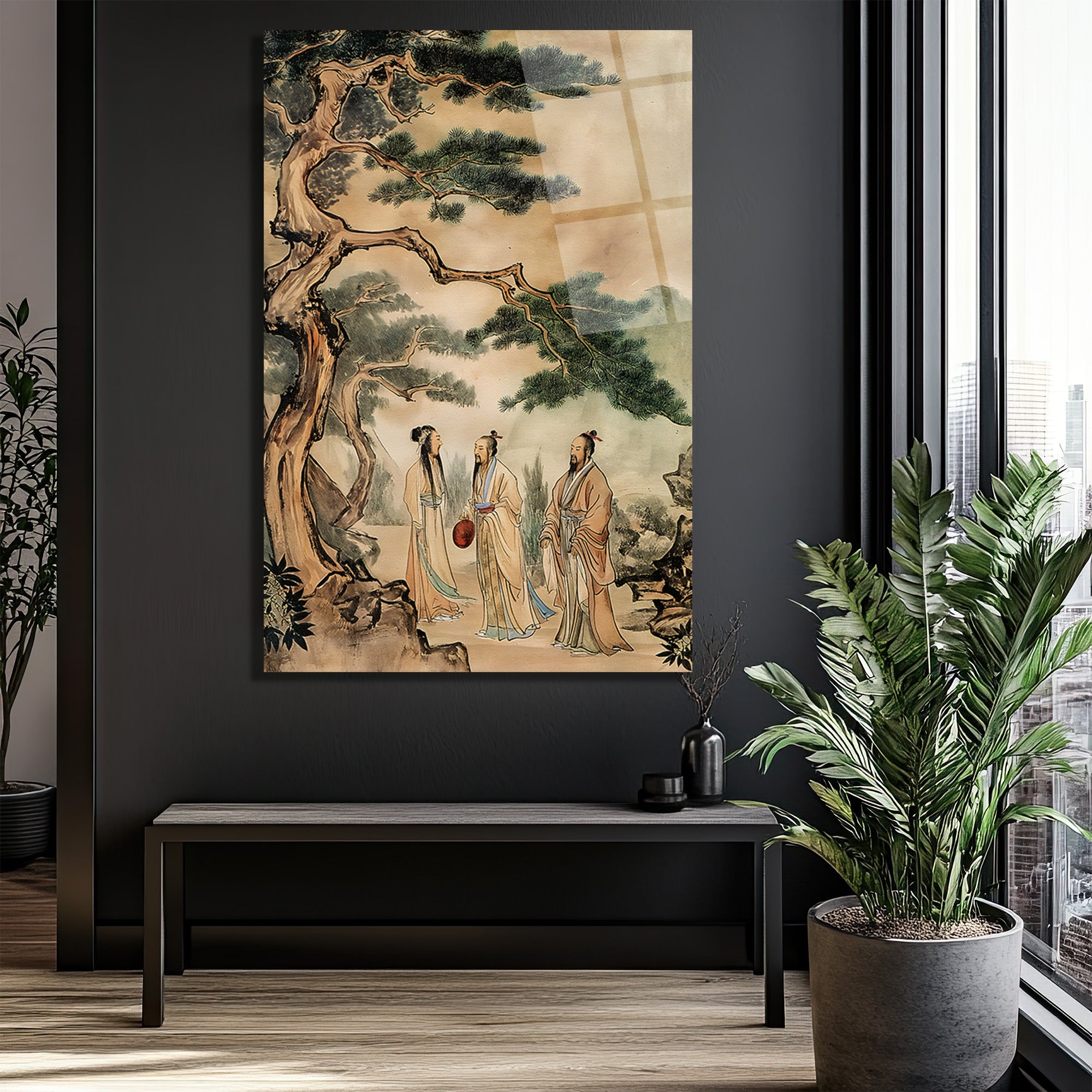 Uzak Doğu Bilgeleri Çam Ağacı Altında Sanat Cam Tablo