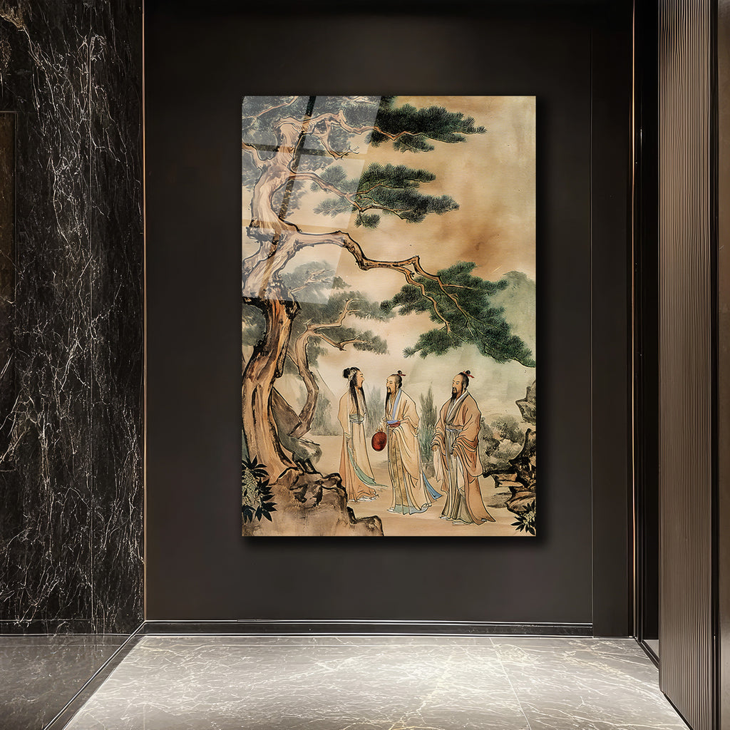 Uzak Doğu Bilgeleri Çam Ağacı Altında Sanat Cam Tablo