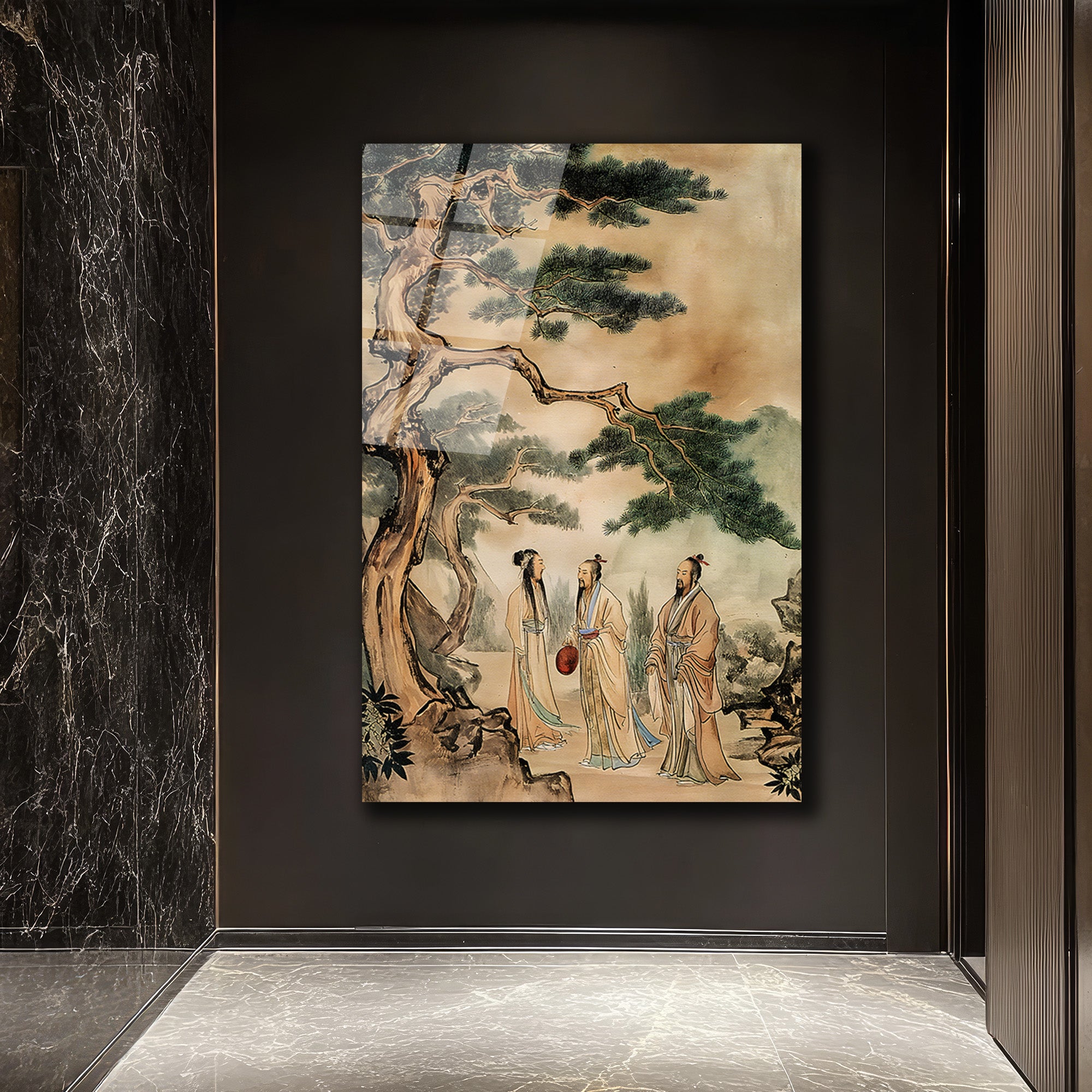 Uzak Doğu Bilgeleri Çam Ağacı Altında Sanat Cam Tablo