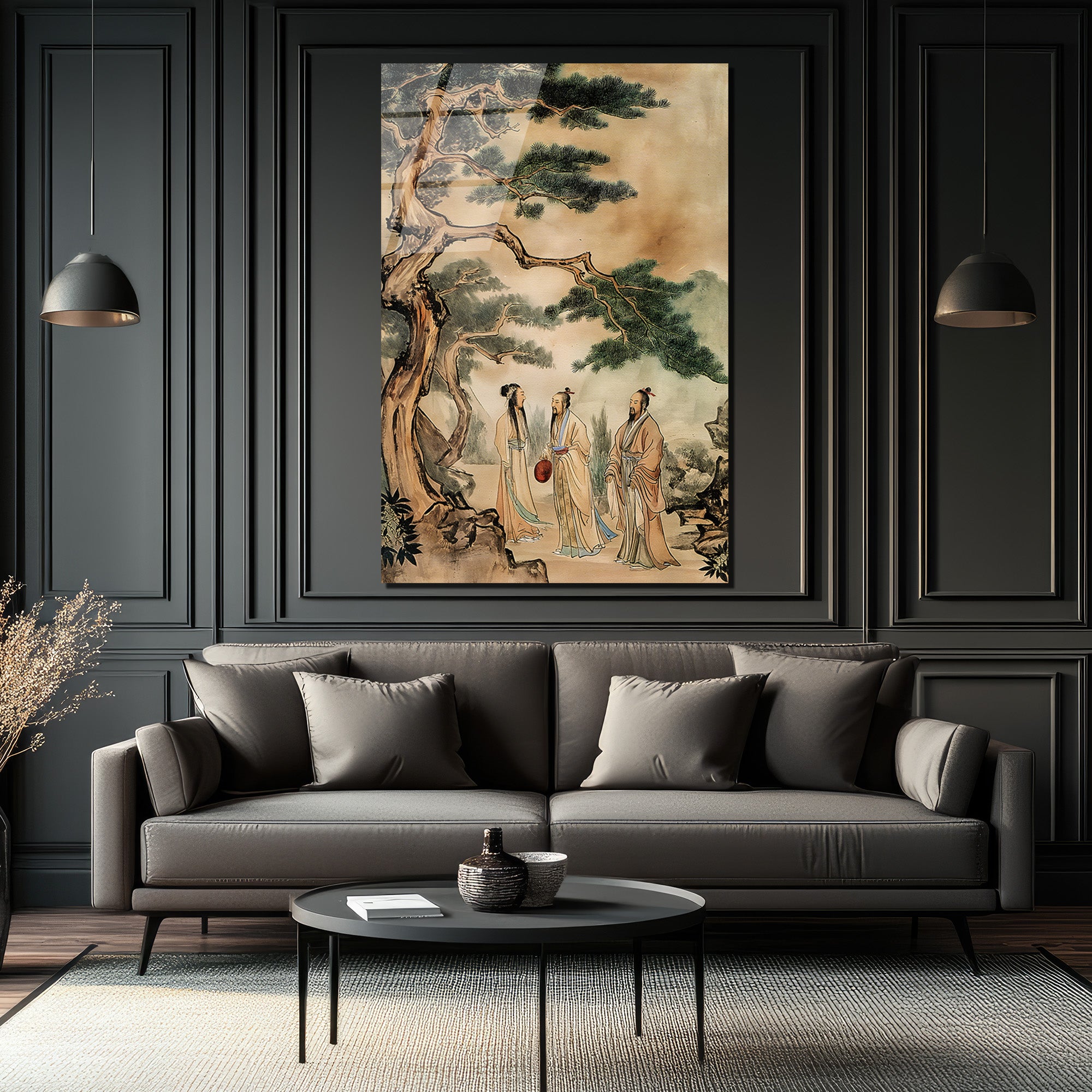 Uzak Doğu Bilgeleri Çam Ağacı Altında Sanat Cam Tablo