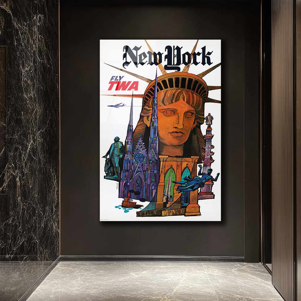 New York Vintage Seyahat Posteri Temalı Cam Tablo