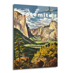 Yosemite Milli Parkı'nın vintage tarzda resmedilmiş bir görünümü. Yüksek kayalıklar, yemyeşil ormanlar, vadinin derinliklerinde bir şelale ve gökyüzünde uçan bir yolcu uçağı tasvir edilmiş. Ön planda manzaraya hayranlıkla bakan iki figür yer alıyor.