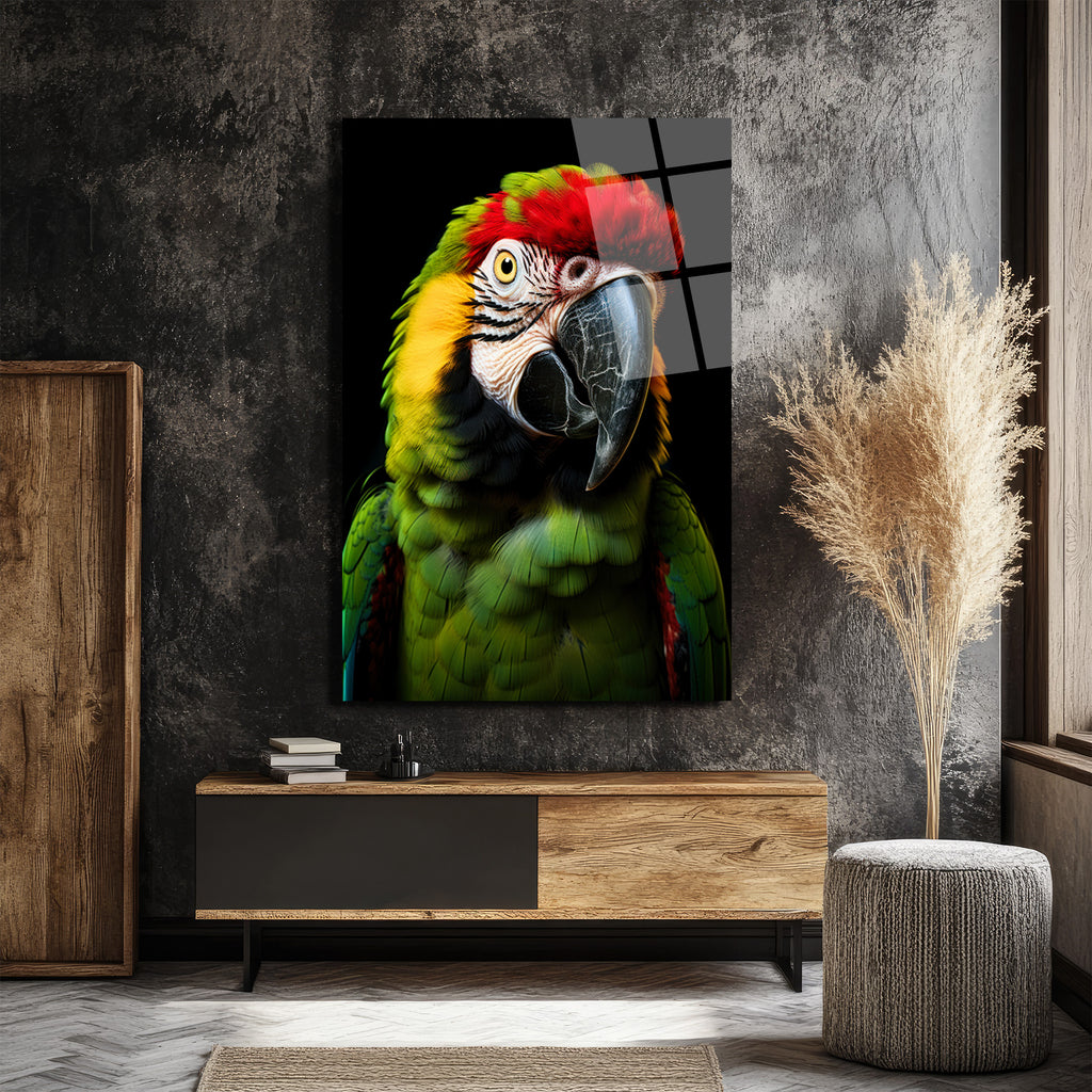 Canlı Renkleriyle Papağan Portresi Cam Tablo