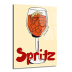 Açık sarı arka plan üzerinde, içinde buz ve limon dilimi olan turuncu renkli bir Spritz kokteyli kadehi çizimi. Kadehin altında büyük kırmızı harflerle 'Spritz' yazıyor, kadehin üzerinde ise 'good vibes only' yazısı yer alıyor.