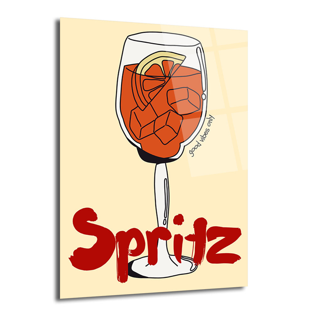 Açık sarı arka plan üzerinde, içinde buz ve limon dilimi olan turuncu renkli bir Spritz kokteyli kadehi çizimi. Kadehin altında büyük kırmızı harflerle 'Spritz' yazıyor, kadehin üzerinde ise 'good vibes only' yazısı yer alıyor.