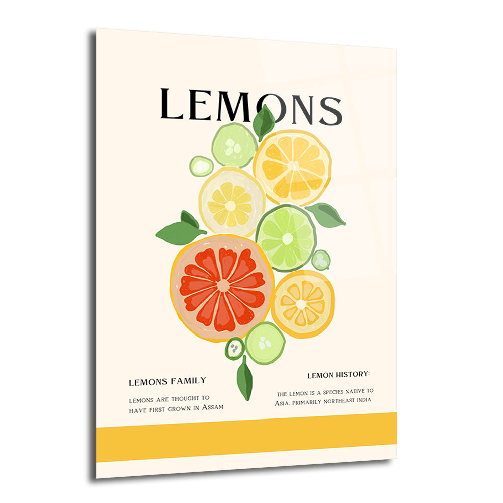 Krem renkli arka plan üzerinde, sarı, yeşil ve turuncu limon, misket limonu, greyfurt ve salatalık dilimlerinin yer aldığı minimalist ve modern bir cam tablo. Üstte 'LEMONS' yazısı, altta limon ailesi ve tarihi hakkında bilgiler bulunmaktadır.
